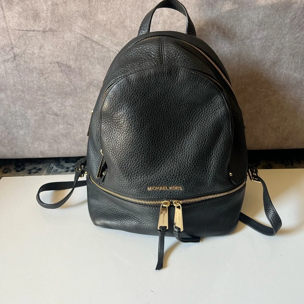Michael Kors Black Pebbled Leather Small Backpack with Gold Hardware